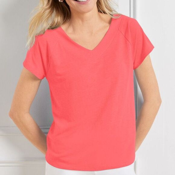 Talbots Linen Blend Raglan V-Neck Lovely Coral Tee Size Large - Picture 1 of 6